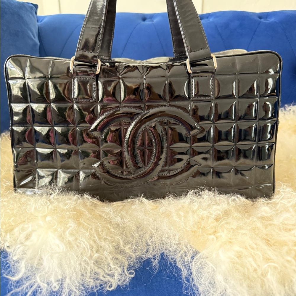 Rare 2000’s Authentic Chanel Cambon Bowling Bag Black Patent Leather